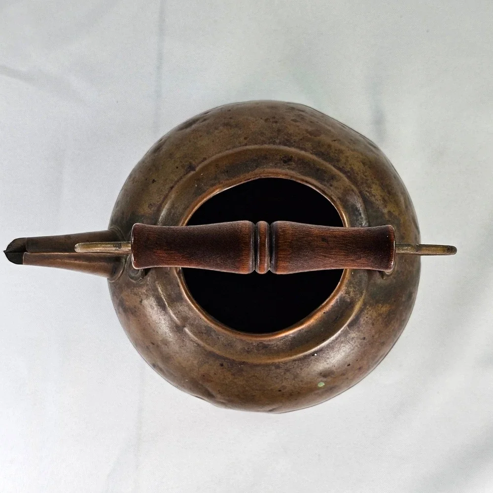 Antique Copper Tea Kettle Wood Handle Primitive Farmhouse Decor Rustic Patina